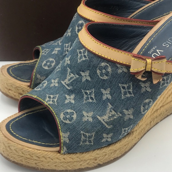 Louis Vuitton Denim Wedge Espadrilles Bow Sandals - Picture 7 of 12